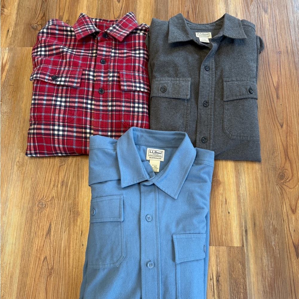 L.L. Bean Red Plaid, Gray, and Blue Shirt Trio Flannel Lot of 3 Large